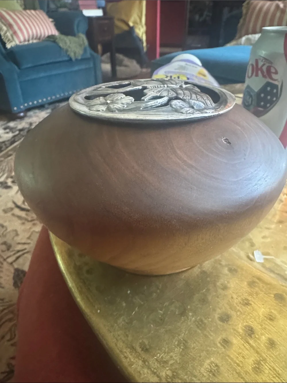 Artisan Brown Wooden Potpourri Vase with Pewter Floral Lid Accent